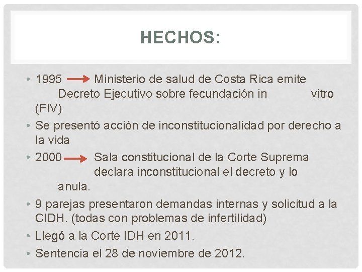 HECHOS: • 1995 Ministerio de salud de Costa Rica emite Decreto Ejecutivo sobre fecundación HECHOS: • 1995 Ministerio de salud de Costa Rica emite Decreto Ejecutivo sobre fecundación