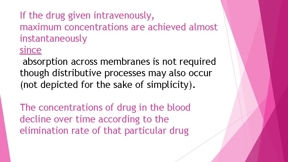 If the drug given intravenously, maximum concentrations are achieved almost instantaneously since absorption across