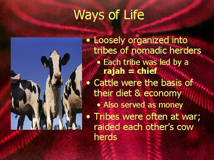 Ways of Life • Loosely organized into tribes of nomadic herders • Each tribe