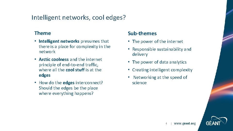 Intelligent networks, cool edges? Theme Sub-themes • Intelligent networks presumes that there is a