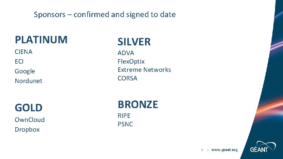 Sponsors – confirmed and signed to date PLATINUM CIENA ECI Google Nordunet GOLD Own.