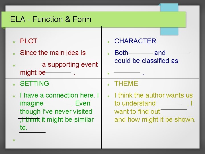 ELA - Function & Form PLOT Since the main idea is a supporting event