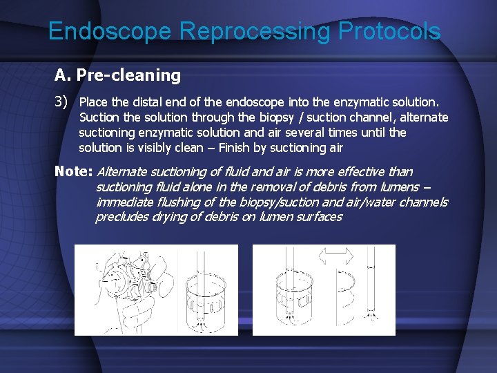 Endoscope Reprocessing Protocols A. Pre-cleaning 3) Place the distal end of the endoscope into
