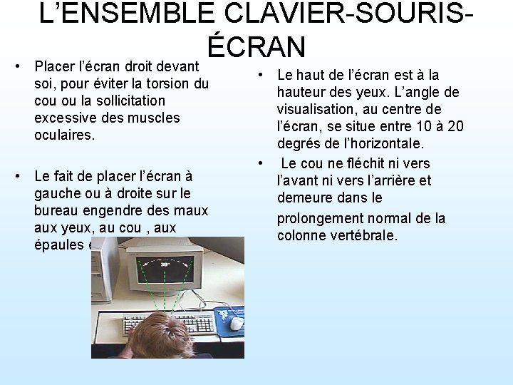 L’ENSEMBLE CLAVIER-SOURISÉCRAN • Placer l’écran droit devant soi, pour éviter la torsion du cou