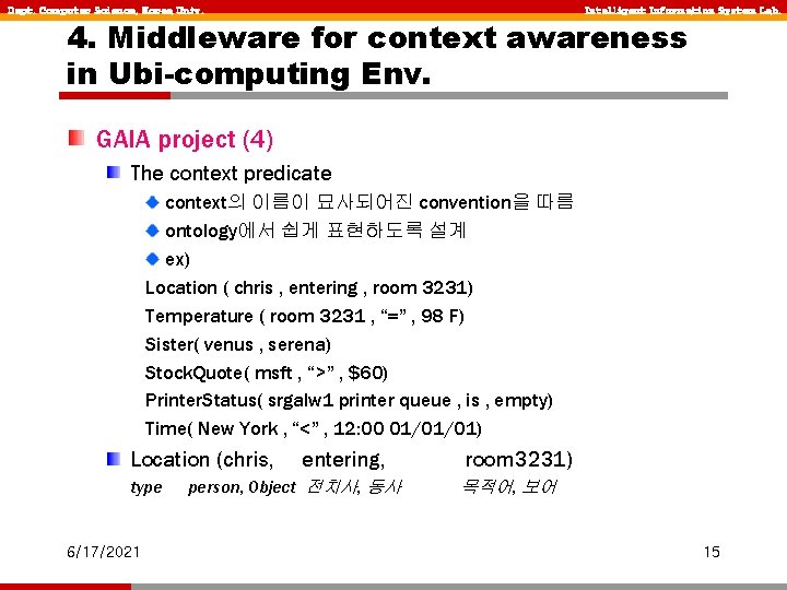 Dept. Computer Science, Korea Univ. Intelligent Information System Lab. 4. Middleware for context awareness