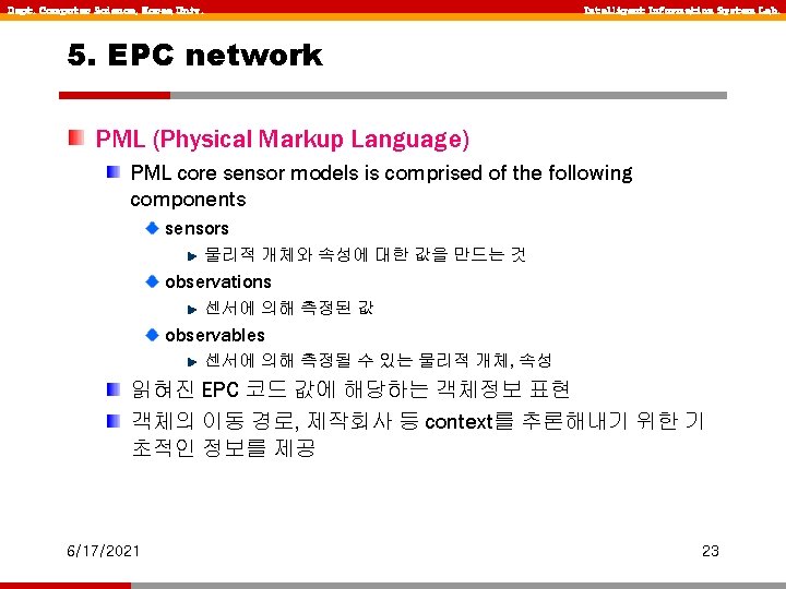 Dept. Computer Science, Korea Univ. Intelligent Information System Lab. 5. EPC network PML (Physical