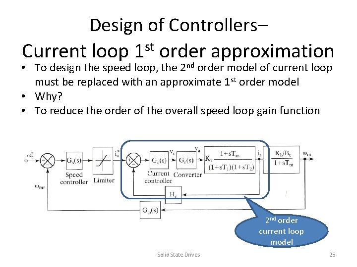 Design of Controllers– Current loop 1 st order approximation • To design the speed