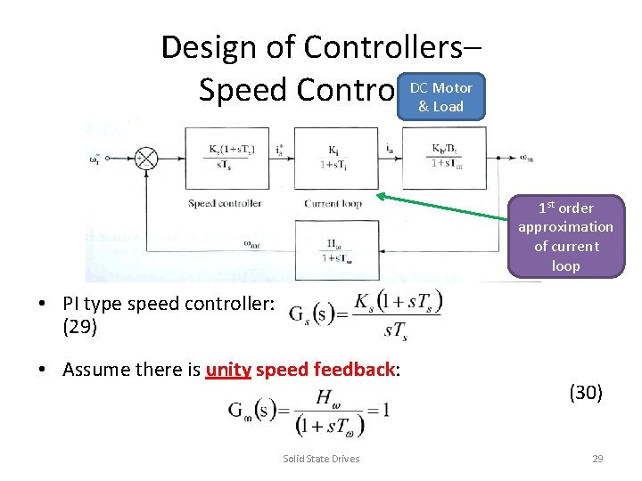 Design of Controllers– DC Motor Speed Controller & Load 1 st order approximation of