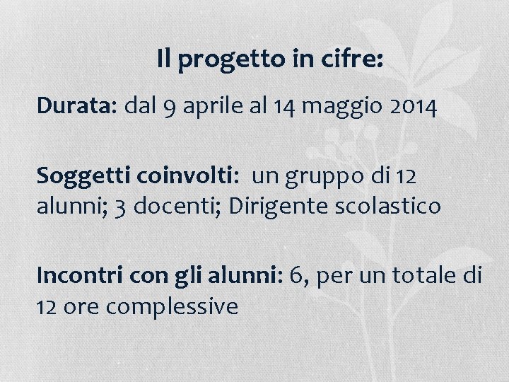 Il progetto in cifre: Durata: dal 9 aprile al 14 maggio 2014 Soggetti coinvolti: