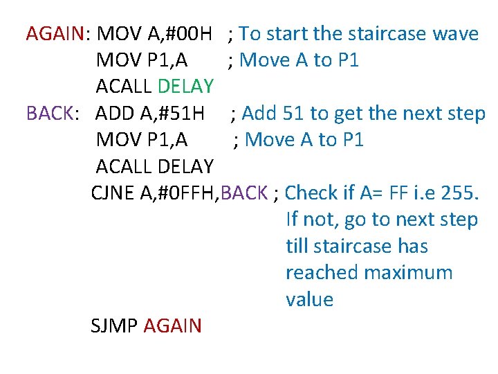 AGAIN: MOV A, #00 H ; To start the staircase wave MOV P 1,