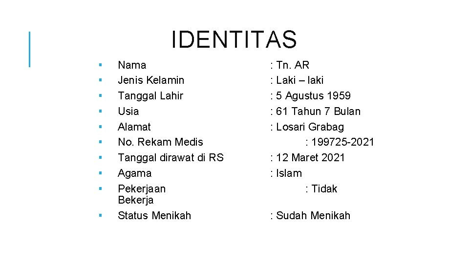 IDENTITAS ▪ ▪ ▪ ▪ ▪ Nama Jenis Kelamin Tanggal Lahir Usia Alamat No.