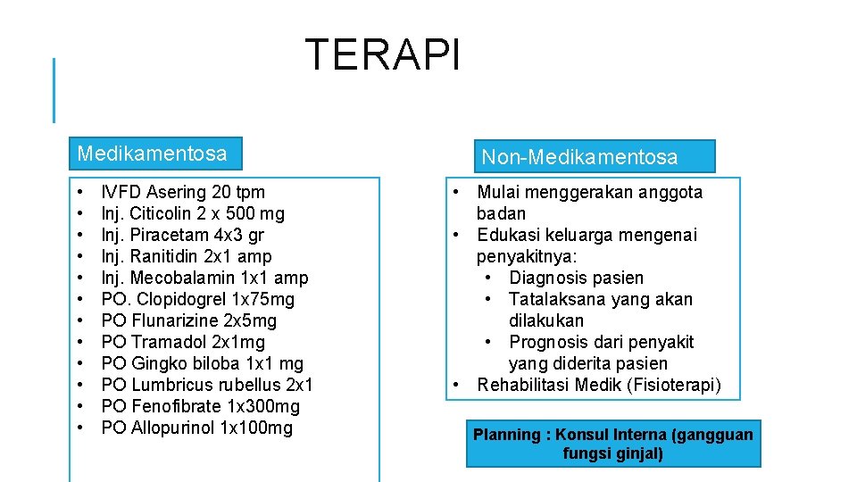 TERAPI Medikamentosa • • • IVFD Asering 20 tpm Inj. Citicolin 2 x 500