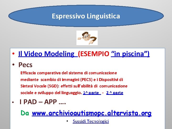 Espressivo Linguistica • Il Video Modeling (ESEMPIO “in piscina”) • Pecs Efficacia comparativa del