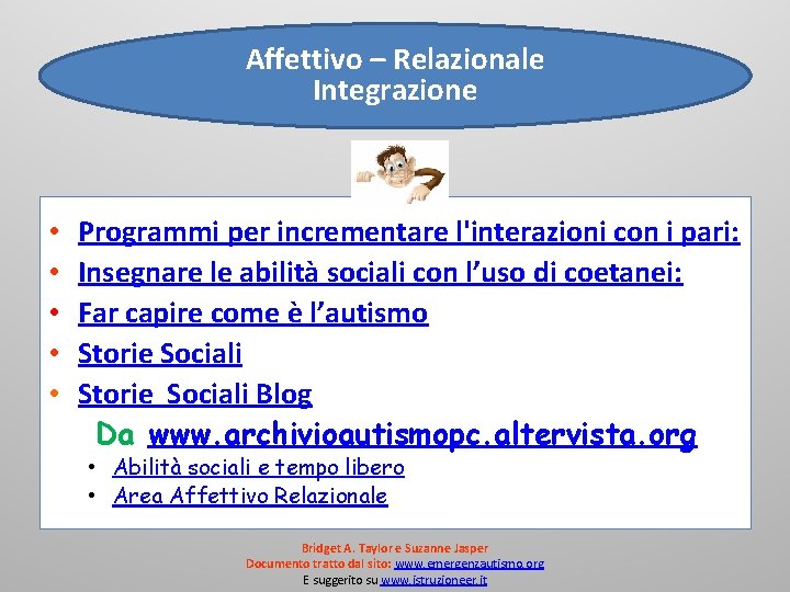 Affettivo – Relazionale Integrazione • • • Programmi per incrementare l'interazioni con i pari: