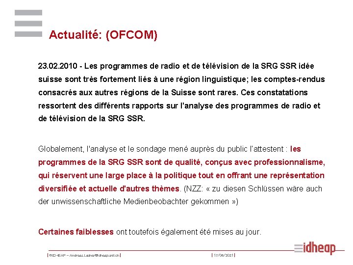 Actualité: (OFCOM) 23. 02. 2010 - Les programmes de radio et de télévision de