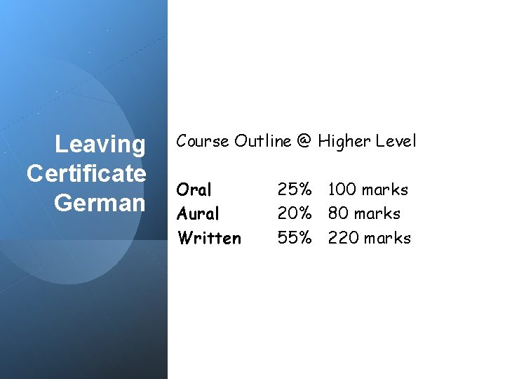 Leaving Certificate German Course Outline @ Higher Level Oral Aural Written 25% 100 marks