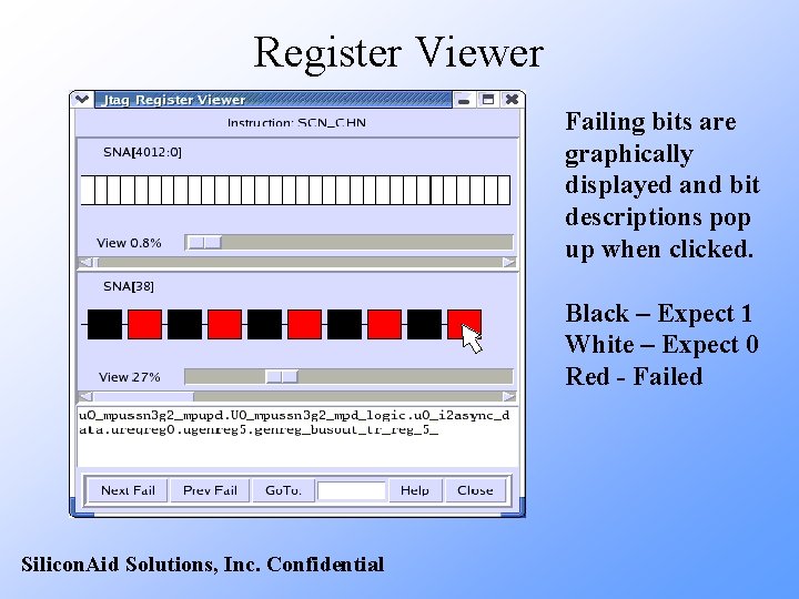 Register Viewer Failing bits are graphically displayed and bit descriptions pop up when clicked.