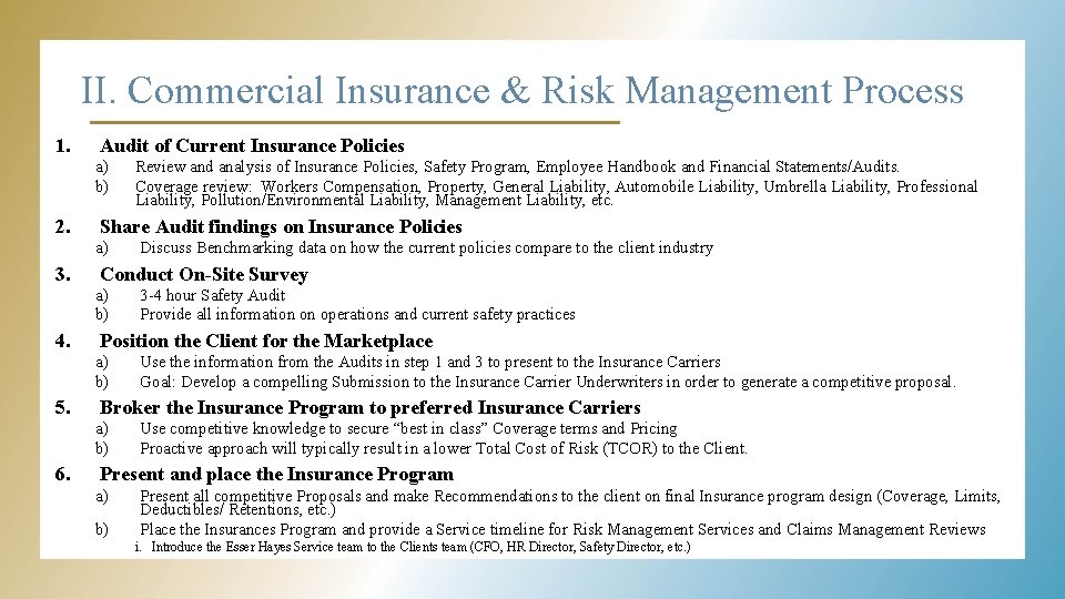 II. Commercial Insurance & Risk Management Process 1. Audit of Current Insurance Policies a)