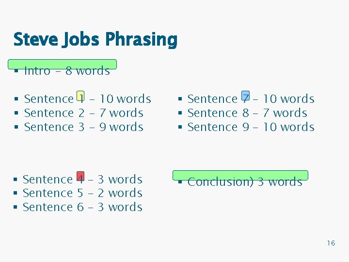 Steve Jobs Phrasing § Intro - 8 words § Sentence 1 – 10 words