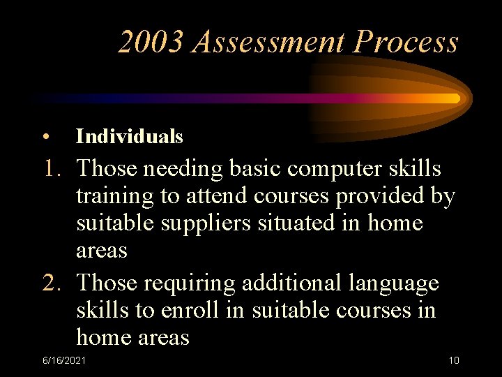 2003 Assessment Process • Individuals 1. Those needing basic computer skills training to attend