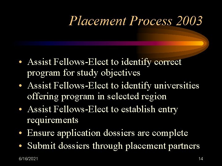 Placement Process 2003 • Assist Fellows-Elect to identify correct program for study objectives •