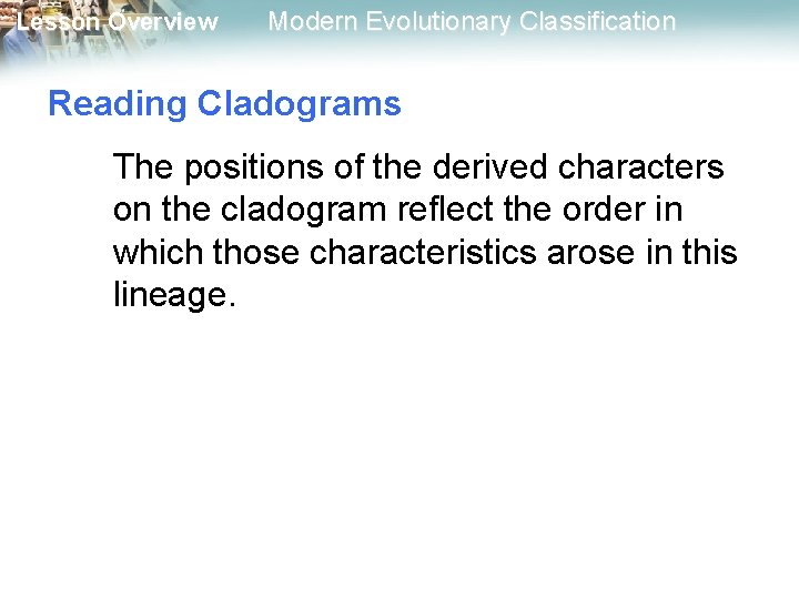 Lesson Overview Modern Evolutionary Classification Reading Cladograms The positions of the derived characters on