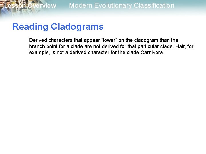 Lesson Overview Modern Evolutionary Classification Reading Cladograms Derived characters that appear “lower” on the