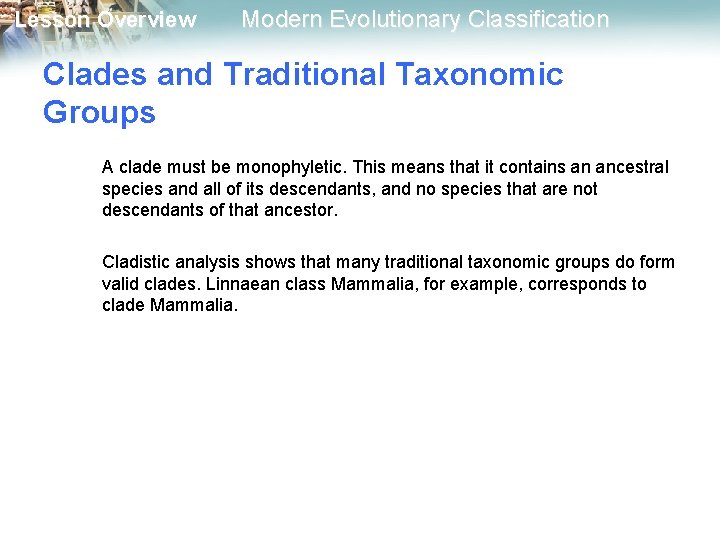 Lesson Overview Modern Evolutionary Classification Clades and Traditional Taxonomic Groups A clade must be