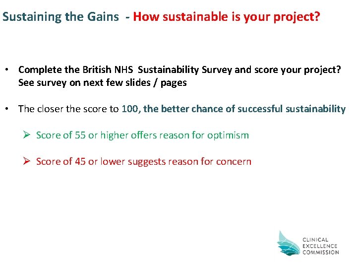 Sustaining the Gains - How sustainable is your project? • Complete the British NHS Sustaining the Gains - How sustainable is your project? • Complete the British NHS