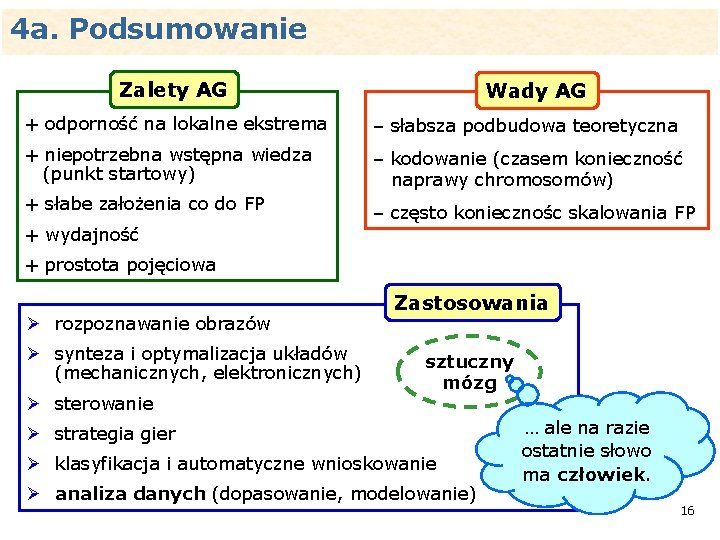 4 a. Podsumowanie Zalety AG Wady AG + odporność na lokalne ekstrema – słabsza