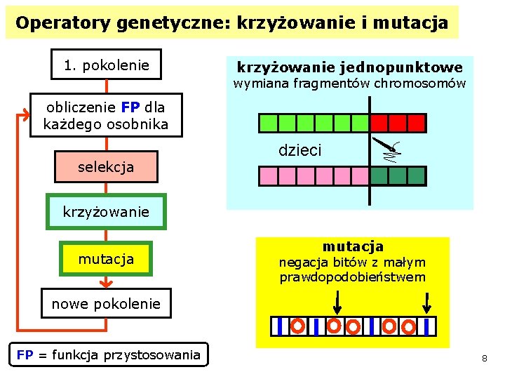 Operatory genetyczne: krzyżowanie i mutacja 1. pokolenie krzyżowanie jednopunktowe wymiana fragmentów chromosomów obliczenie FP