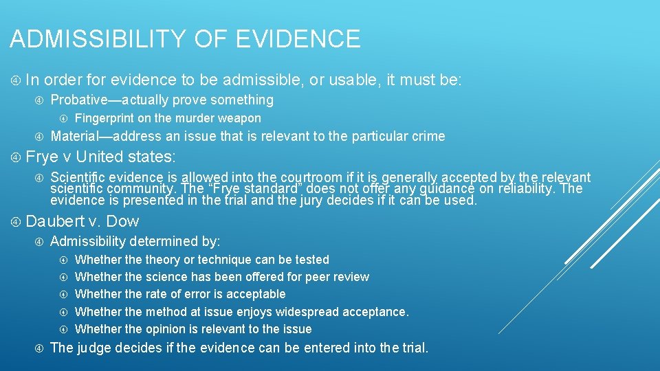 ADMISSIBILITY OF EVIDENCE In order for evidence to be admissible, or usable, it must