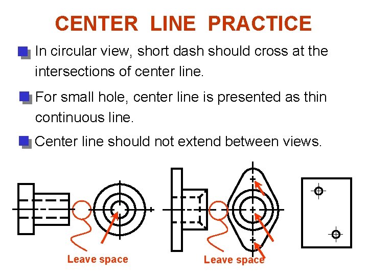 CENTER LINE PRACTICE In circular view, short dash should cross at the intersections of