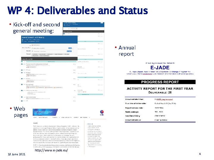 WP 4: Deliverables and Status • Kick-off and second general meeting: • Annual report WP 4: Deliverables and Status • Kick-off and second general meeting: • Annual report