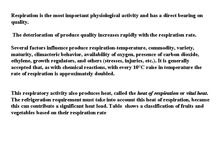 Respiration is the most important physiological activity and has a direct bearing on quality.
