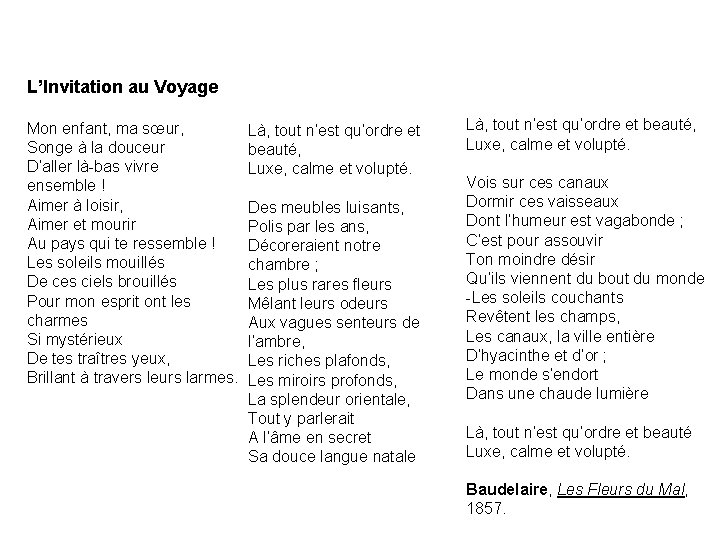 L’Invitation au Voyage Mon enfant, ma sœur, Songe à la douceur D’aller là-bas vivre