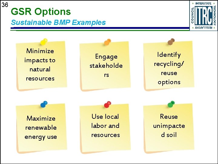 36 GSR Options Sustainable BMP Examples Minimize impacts to natural resources Engage stakeholde rs