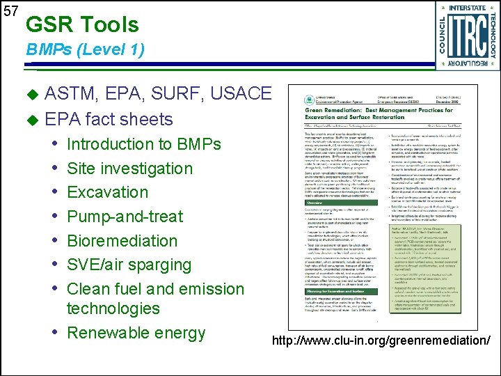 57 GSR Tools BMPs (Level 1) ASTM, EPA, SURF, USACE u EPA fact sheets