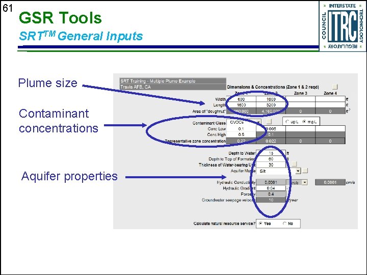 61 GSR Tools SRTTM General Inputs Plume size Contaminant concentrations Aquifer properties 