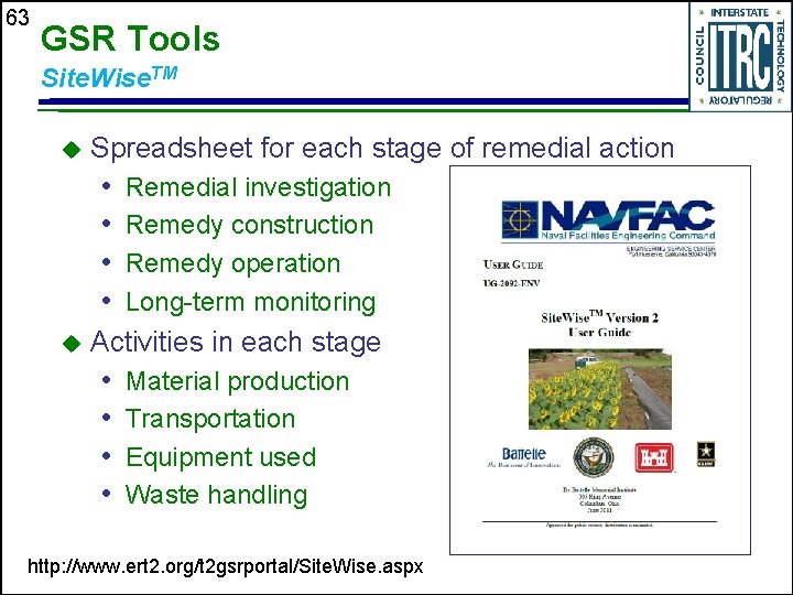 63 GSR Tools Site. Wise. TM u Spreadsheet for each stage of remedial action