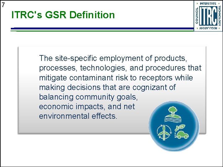 7 ITRC's GSR Definition The site-specific employment of products, processes, technologies, and procedures that