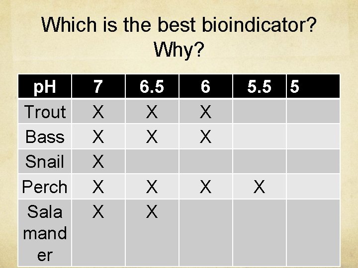 Which is the best bioindicator? Why? p. H Trout Bass Snail Perch Sala mand