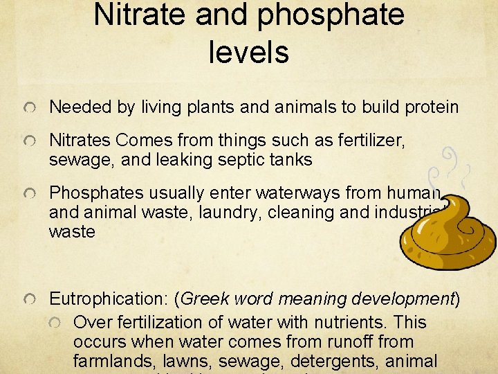 Nitrate and phosphate levels Needed by living plants and animals to build protein Nitrates