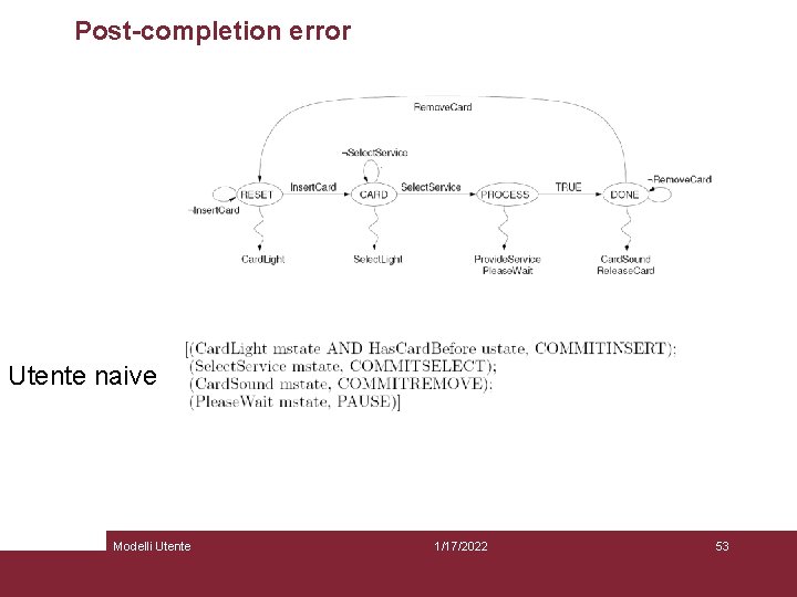 Post-completion error Utente naive Al termine dell’interazione l’utente non recupera la carta Modelli Utente