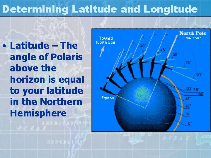 Determining Latitude and Longitude • Latitude – The angle of Polaris above the horizon