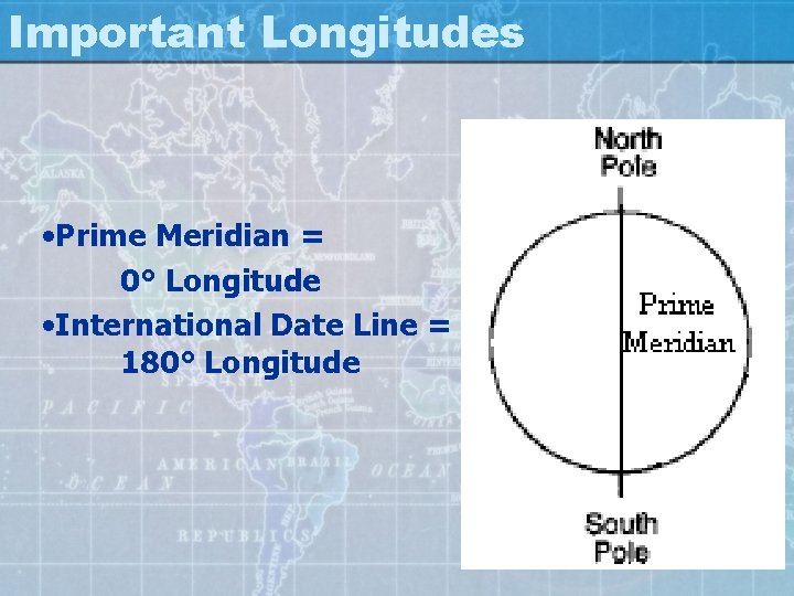 Important Longitudes • Prime Meridian = 0° Longitude • International Date Line = 180°