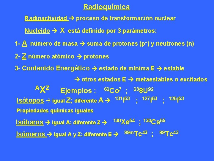 Radioquímica Radioactividad proceso de transformación nuclear Nucleido X está definido por 3 parámetros: 1 Radioquímica Radioactividad proceso de transformación nuclear Nucleido X está definido por 3 parámetros: 1