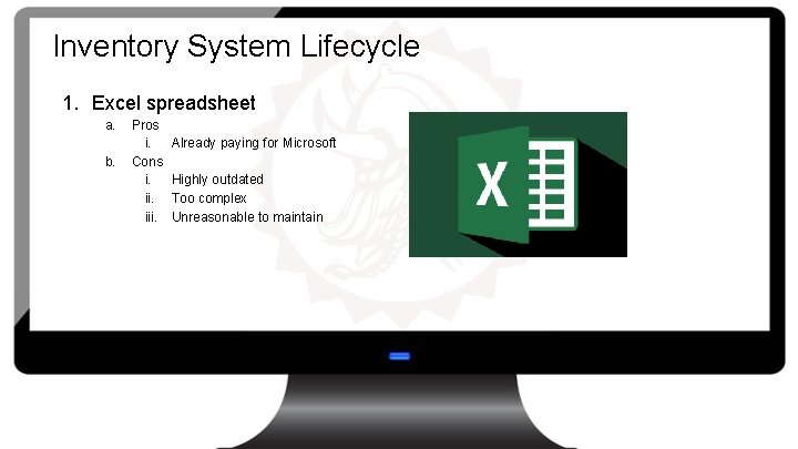 Inventory System Lifecycle 1. Excel spreadsheet a. b. Pros i. Cons i. iii. Already