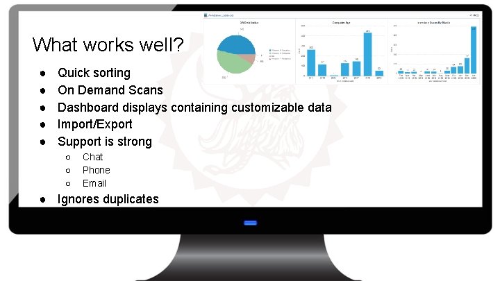 What works well? ● ● ● Quick sorting On Demand Scans Dashboard displays containing