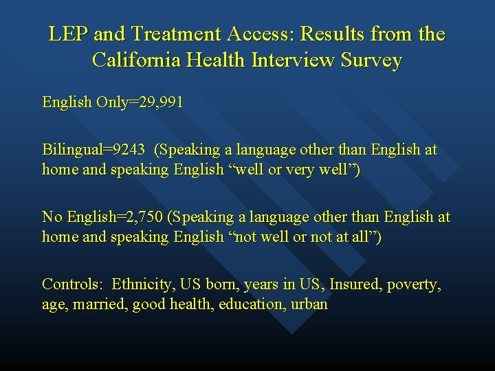 LEP and Treatment Access: Results from the California Health Interview Survey English Only=29, 991